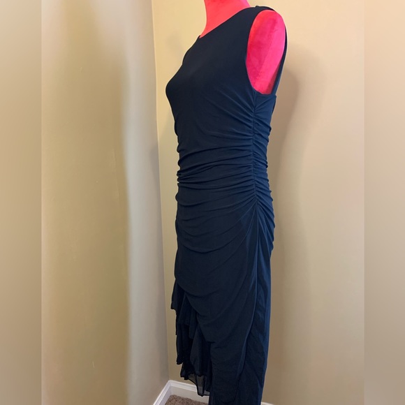BLACK ASYMMETRICAL RUFFLE HEM RUCHED DRESS - Picture 9 of 13